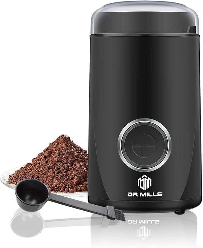 DR MILLS DM-7441 Coffee Grinder Electric, Coffee Bean and Dried Spice Grinder, One Touch Operation, Blade and cup made with SUS304 stainless steel (Black)