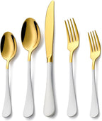 20 Piece Gold and White 18/0 Flatware Utensil Set for 4, Include Dinner Knife,Dinner Forks,Dinner Spoons,Salad Forks,Teaspoons,Silverware Set for 4, Dishwasher Safe