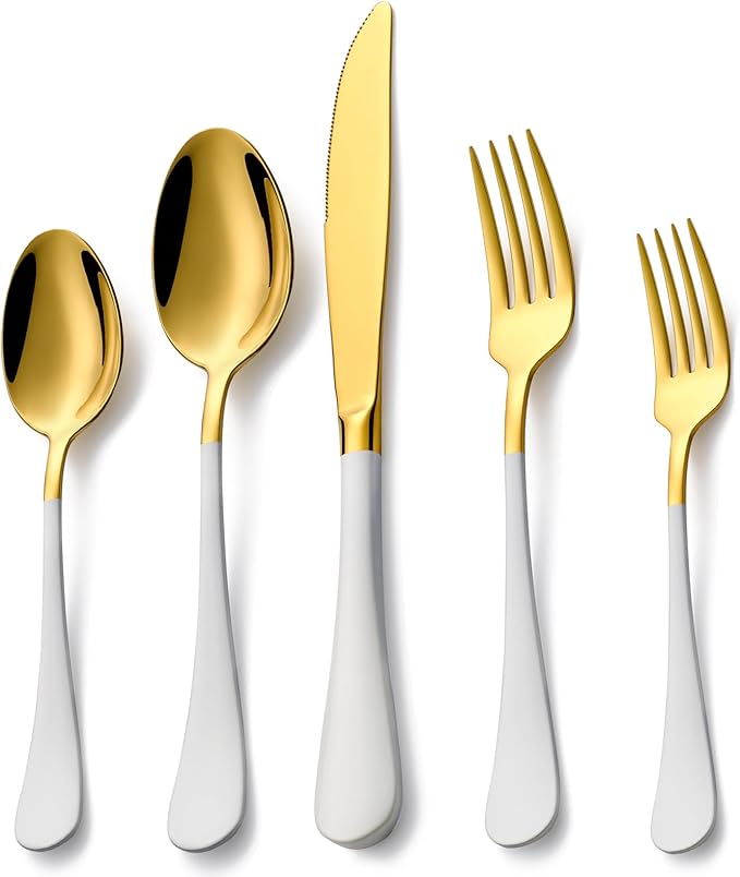 20 Piece Gold and White 18/0 Flatware Utensil Set for 4, Include Dinner Knife,Dinner Forks,Dinner Spoons,Salad Forks,Teaspoons,Silverware Set for 4, Dishwasher Safe