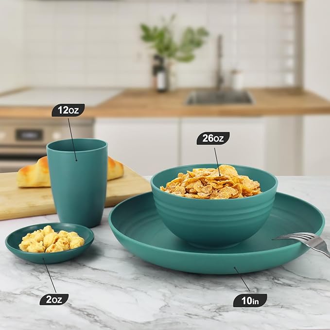 Wheat straw plates and bowls set of 16 - Unbreakable wheat straw dinnerware sets for kids - Alternative plastic dinnerware set service for 4 - Microwave safe and Dishwasher safe bowls. Green