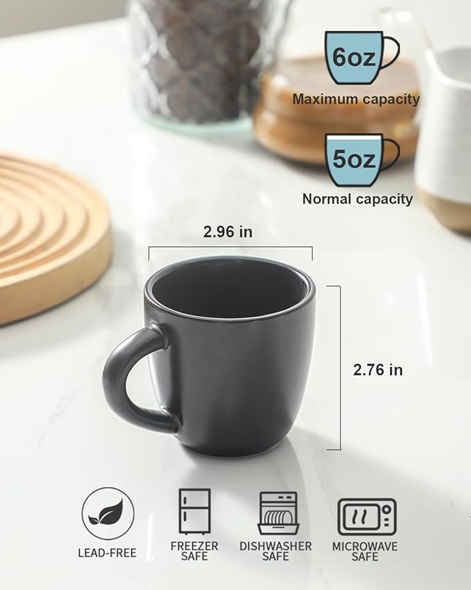 Hasense Espresso Cups Set of 4 Perfect for Demitasse, Cappuccino, Tea Bag and Juice, 5 Ounce Ceramic Stackable Mini Coffee Mugs Suit for Espresso Machine and Coffee Maker, Black