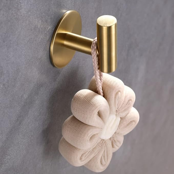Adhesive Hooks 304 Stainless Steel Robe Hook Holder Heavy Coat Hook for Bathroom Kitchen Livingroom Garage Hotel Brushed Finish 2pcs (Brushed Gold)
