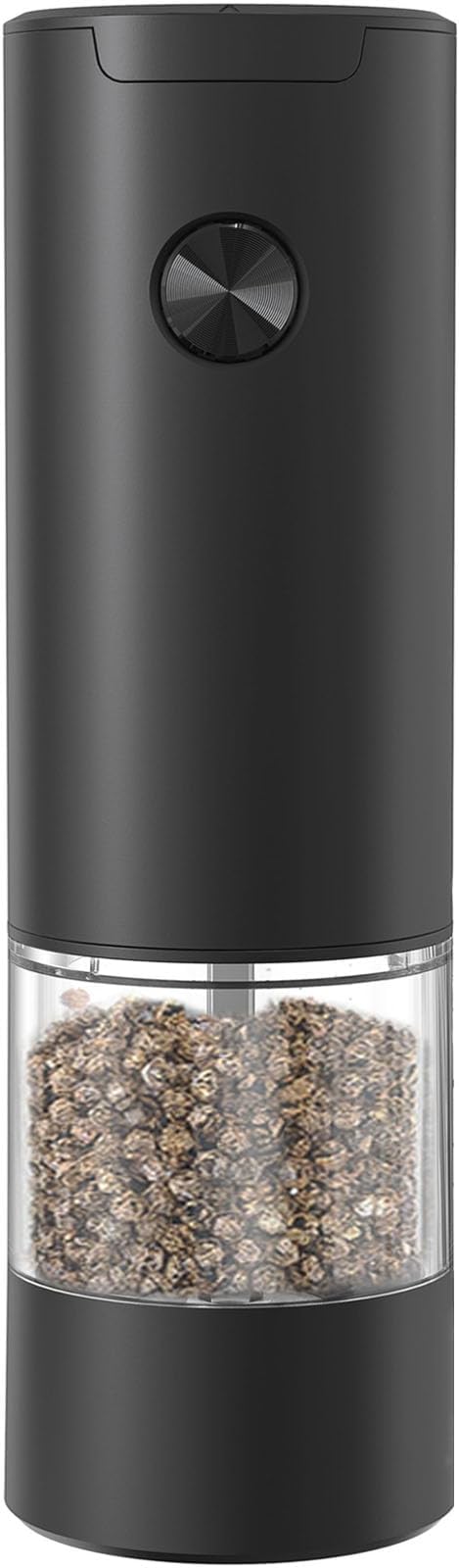 Electric Pepper Grinder or Salt Mill, Battery Operated Automatic Pepper Mill with LED Light, One-handed Operation Button Control, Adjustable Coarseness, Refillable, 70ml, Black (1 Pack)