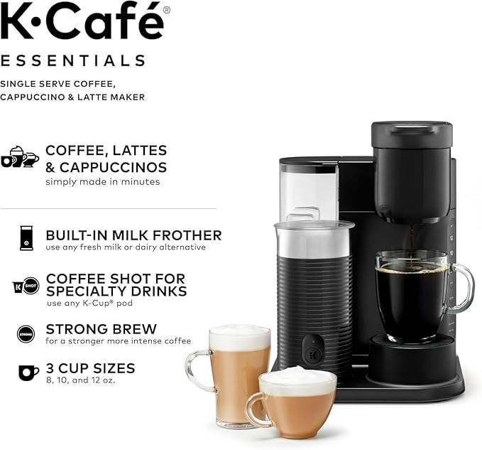 Keeurig K-Café Single Serve Coffee Maker, Built-In Milk Frother, Latte & Cappuccino Brewer, Espresso Shot, 3 Brew Sizes, 42 oz Water Reservoir, Travel Mug Friendly, Compact Design (Black 42oz)