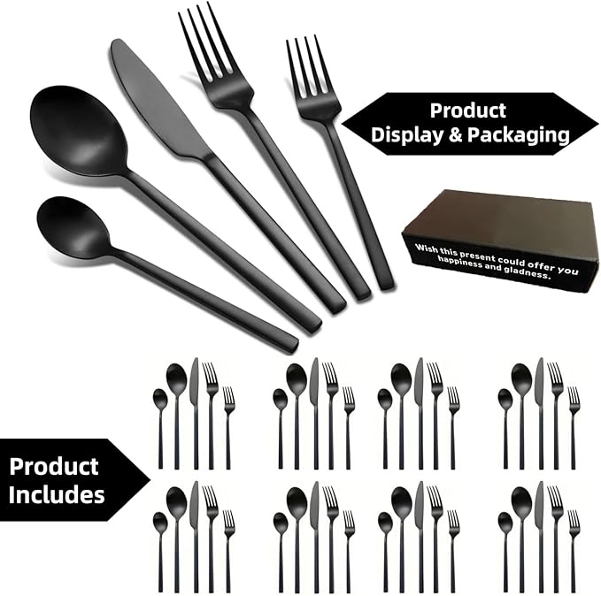 40-Piece Black Silverware Set, Rectangular Flatware Set for 8, Matte Polished Stainless Steel Cutlery Set, Food-Grade Utensils Set, for Home Kitchen Restaurant, Dishwasher Safe