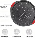 13 Inch Pizza Pan for Oven (2 Pack) Round Pizza Pan with Holes - Non-Stick Carbon Steel Pizza Tray with Silicone Handles - for Cooking, Baking, and Grilling - Dishwasher Safe