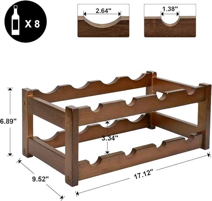 Bamboo Wine Rack, 2-Tier 8 Bottles Wine Storage Cabinet Shelf, Easy-Assembly Freestanding Bamboo Wine Racks Countertop for Kitchen Pantry Dining Room Bar, Walnut