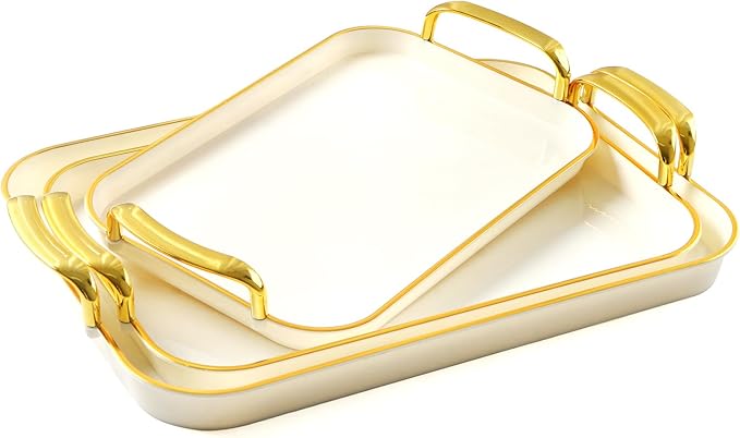 Serving Tray with Handles Set of 3 Rectangular Large Serving Platters 16.5/14.9/13.2 Inch White Plates for Dinner, Party, Entertaining, Cream Gold