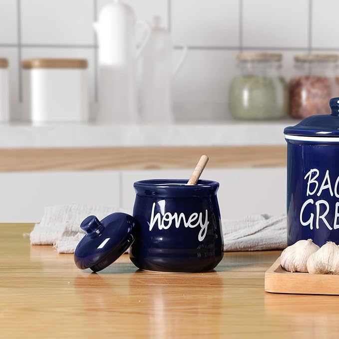 ONTUBE Honey Jar with Dipper and Lid, Ceramic Honey Pot 12oz (Navy)