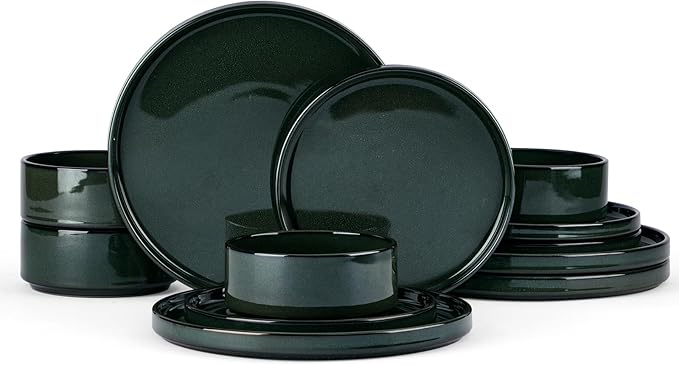 Stoneware Dinnerware Sets for 4, Onader Reactive Glaze Plates and Bowls Sets, Ceramic Dish Dinner Set with Rustic Terracotta Bottom, 12 Piece Elegant Dishware - Emerald Green