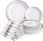 Pre Wrapped Cutlery Set- 25 sets of Fork, Knife, Spoon wrapped in a napkin - 25 Small Plates- 25 Big Plates (Silver)