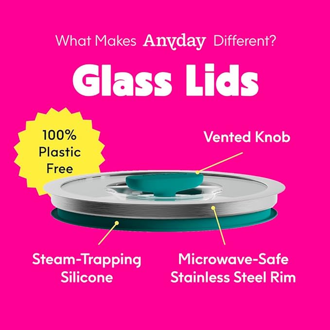 Anyday 7-Cup Microwave Cookware and Glass Container with Glass Lid, Plastic-Free Shallow Food Storage | Stackable Airtight Steamer with Vented Lid for Microwave-Safe Reheating & Steaming Vegetables