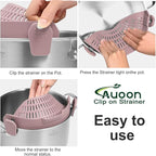 Large AUOON Clip on Strainer for All Pots and Pans - Oversized Silicone Pot Strainer Family-Style Design Pasta Strainer Kitchen Colander for Spaghetti and Noodles | Dishwasher Safe
