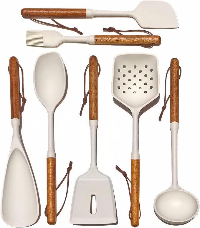White Silicone Cooking Utensils Set, Kitchen Utensils Set 7 Pcs for cooking, Non-Toxic Spatula Set with Heat Resistant Wood Handles for Nonstick Cookware, (Cream White)