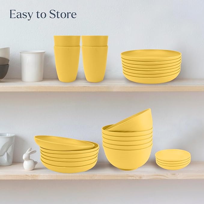 Wheat straw plates and bowls sets of 16 - Unbreakable wheat straw dinnerware sets for camping - Alternative plastic dinnerware set service for 4. Yellow