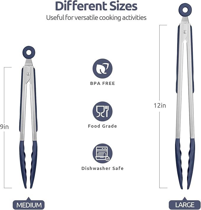 600ºF Heat Resistant Kitchen Tongs: U-Taste 9+12 inch Silicone Cooking Tong Set with Firm Sealed Non Stick Rubber Tips and Silicon Coated 18/8 Stainless Steel Handle for Serving Grilling-Midnight Blue