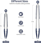 600ºF Heat Resistant Kitchen Tongs: U-Taste 9+12 inch Silicone Cooking Tong Set with Firm Sealed Non Stick Rubber Tips and Silicon Coated 18/8 Stainless Steel Handle for Serving Grilling-Midnight Blue