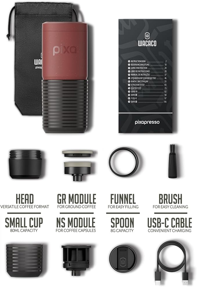 WACACO Coffee Machine Electric & Portable, With 4 Coffee Types & Fast Heat-Up, 9000mAh Battery Up to 5 Cups, 20 Bar Portable Espresso Maker For Ground Coffee & NS Capsule (Tuscan Red)