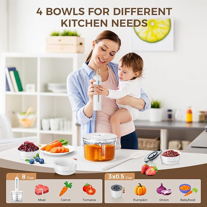 Glass Food Processor with 3 Blades & 4 Bowls (8 Cup + 3x0.5 Cup), Small Food Processor& Meat Grinder - Compact Design for Meal Prep, Baby Food, Sauces - Dishwasher Safe