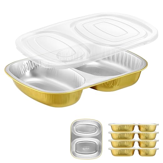 Aluminum Foil Pans of Divided Compartment with Snap-On Lids (5 Pack) | 2X Thicker Heavy Duty Reusable Container 27oz for Take-Out (Gold)