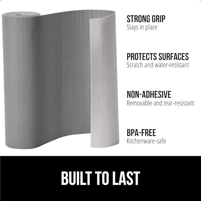 GORILLA GRIP Slip Resistant Drawer and Shelf Liner 2 Pack, Non Adhesive Water Resistant, Easy Clean and Trim, Smooth Surface Liners for Kitchen Cabinet, Shelves, Drawers, Pantry, 12 in x 10 FT, Gray