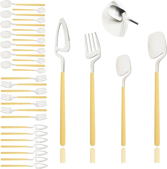 JASHII Flatware Set 32-piece Silverware Set Matte Finished Cutlery Set Service for 8 Include Knife/Fork/Spoon/Coffee spoon Dishwasher Safe (Yellow Silver)