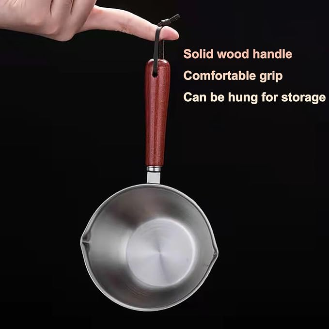 Butter Warmer Pot, Stainless Steel Milk Warmer with Wooden Handle for Seafood, Mini Butter Melting Pot Small Saucepan with Dual Pour Spouts for Stove Top Cooking (150ml)
