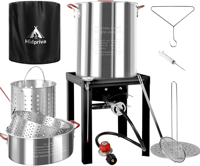 30QT Turkey Fryer & 10QT Fish Fryer Kit, Waterproof Cover & 12-inch Skimmer, 55,000BTU Propane Burner Stove, Aluminum Turkey Fryer Pot, Outdoor Deep Fryer, Crawfish Boiler with Basket