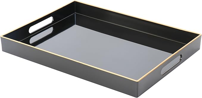 Black Sturdy Acrylic Serving Tray with Handles-15.7x11.8Inch, Morden Plastic Rectangular Serving Tray for Coffee Table Bathroom, Ottoman, Home Decor