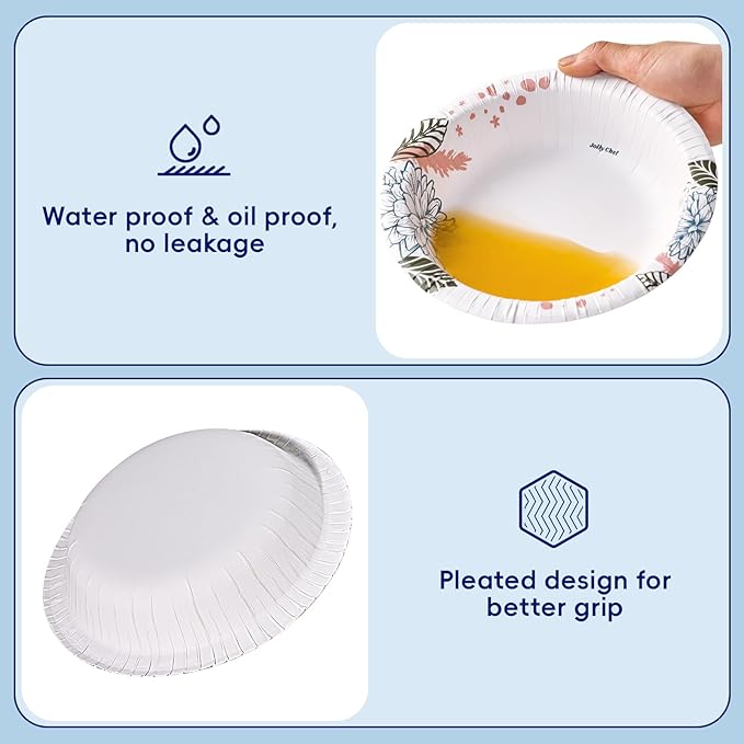JOLLY CHEF 160 Count Paper Bowls 20 oz Soak Proof and Cut Proof Microwave Safe Heavy Duty Flower Printed Disposable Bowls Large for Dinner or Lunch