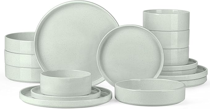 Speckled Dinnerware Set for 4 with Pasta Bowl, Onader 16 Piece Stoneware Plates and Bowls Dishes Set, Microwave & Dishwasher Safe – Pale Sage Green