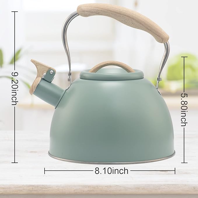 3.2 Quart Whistling Tea Kettle for Stove Top Stainless Steel Tea Pots With Wood Pattern Anti-slip Handle, Green…