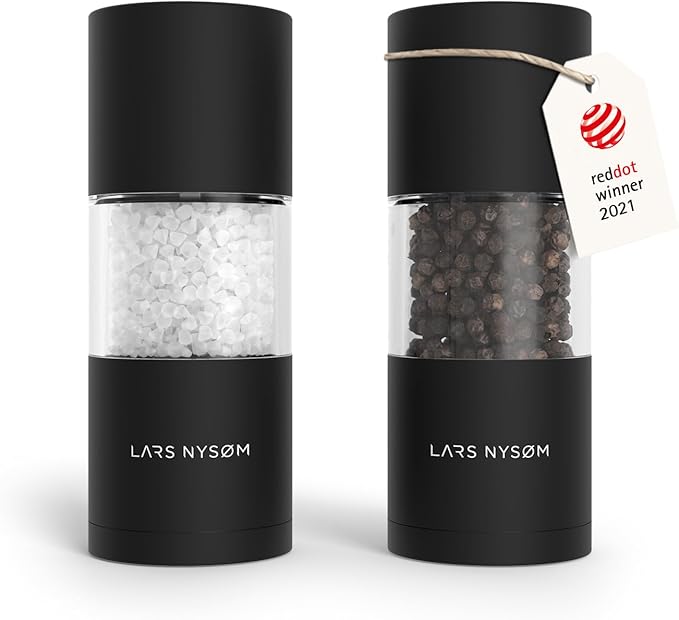 LARS NYSØM Salt and Pepper Grinder Set I Salt and Pepper Mills with Adjustable Ceramic Grinder 2 pieces I Manual Design Spice Mill Set (Carbon Black)