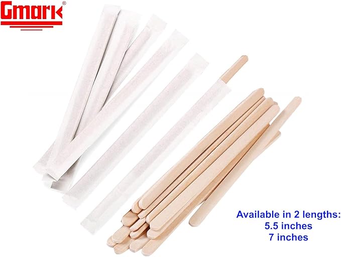 Gmark Individually Wrapped 5.5" Coffee Stir Sticks (length 140mm, width 6mm, thick 1.3mm) - 500pc Round End, Eco Friendly Coffee Stirrers for Hot Drinks - Natural Birch GM1014A