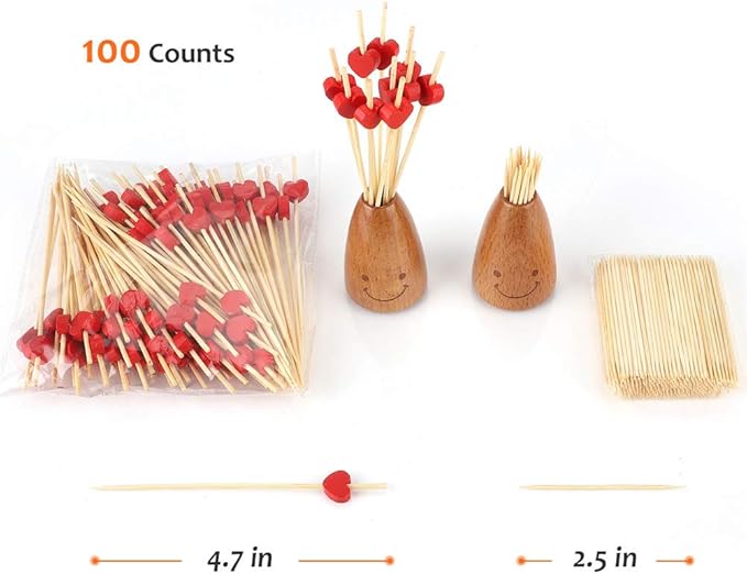 Minisland Red Love Heart Cocktail Picks, 4.7 Inch Long Bamboo Fancy Toothpicks for Appetizers, Decorative Bridal Wedding Valentines Party Food Drinks Garnish Fruit Skewer Sticks 100 Counts -MSL131