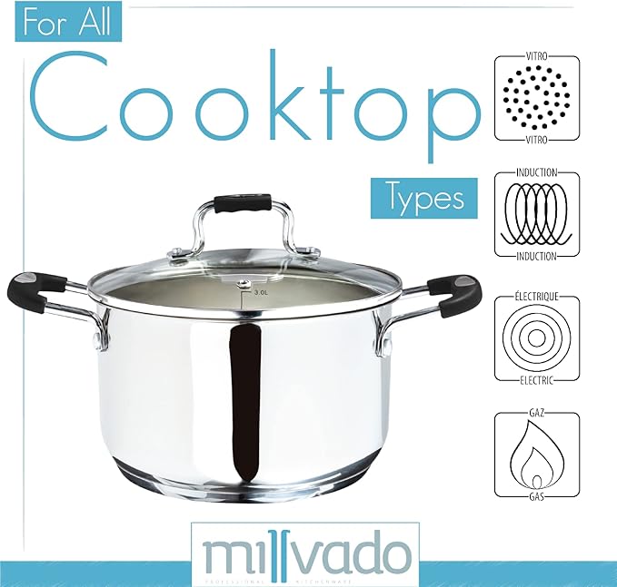 Stainless Steel Stock Pot, 4 Quart, With Clear Glass Lid, Steam Hole, Permanent Markings, Gas, Electric & Induction Compatible