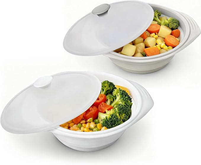 2 Pack White and Gray Silicone Steamer Microwave, 44oz Collapsible Vegetable Steamer Microwave with Magnetic Lid, Space-Saving Design, Dishwasher Safe Silicone Bowl for Cooking Veggies, Dumplings