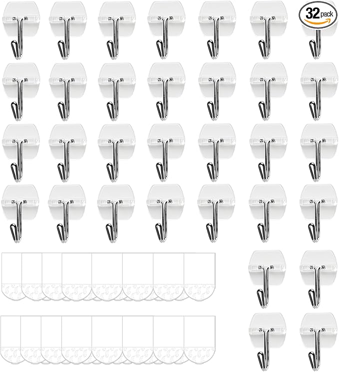 32 Clear Small Wall Hooks with 40 Removable Strips, Wire Toggle Hooks for Walls no Damage, Utility Hooks Heavy Duty with Adhesive Strips for Hanging, No Tools, Value Pack