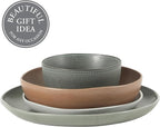 Gibson Elite Menlo Park 16-Piece Pottery Clay Stoneware Dinnerware Set – Assorted Color Reactive Glaze, Organic Shape Embossed Plates and Bowls W/Pasta Bowl, Service for 4 Microwave Dishwasher Safe