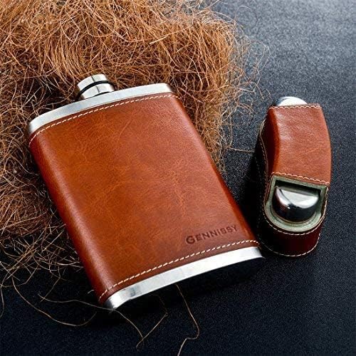 GENNISSY 8oz Hip Flask for Men - 304(18/8) Stainless Steel Bourbon Whiskey Flask, Leakproof with Brown Leather Wrap - Includes Funnel & 3 Mini Cups for Dad, Gifts, Travel
