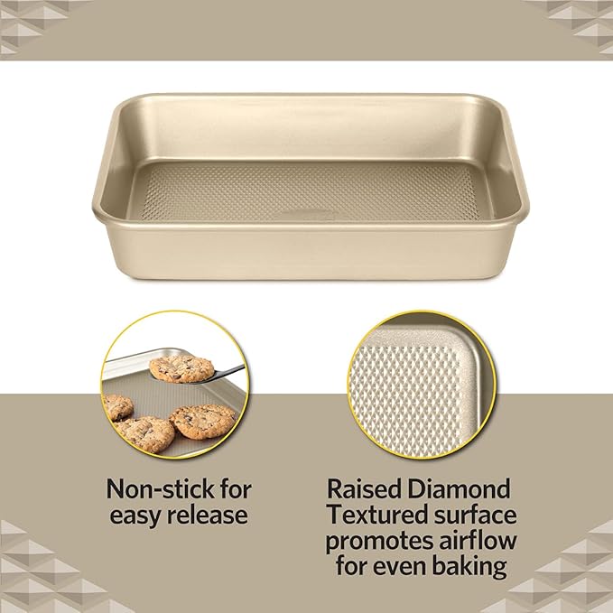 Glad Baking Pan Nonstick - Oblong Metal Dish for Cake and Lasagna - Heavy Duty Carbon Steel Bakeware, Small, Gold