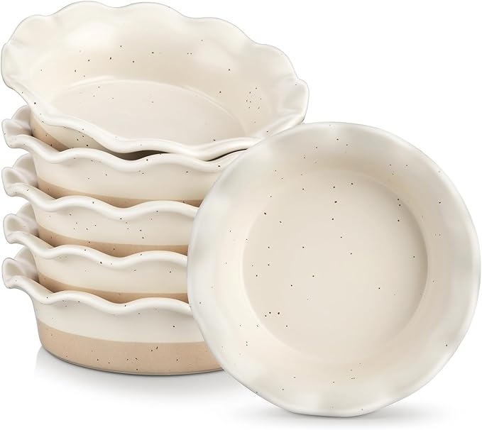 vancasso Mini Pie Pans Set of 6, 5.2 inch Ceramic Small Pie Plate for Baking, Shallow Ramekins Mini Pie Dish with Ruffled Edge for Chicken Pot Pie, Cake, Quiche, Tart, Cream Colored