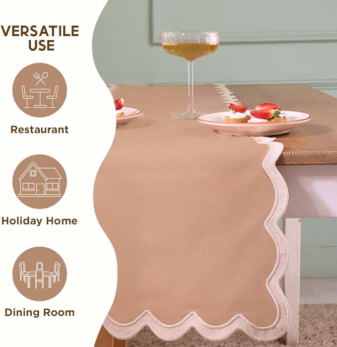 Folkulture Table Runners | Fall Table Runner 108 inches Long | Scallop Table Runner for Fall Decor or Boho Decor | Brown Table Runners for Dining Room | Thanksgiving Decorations for Home