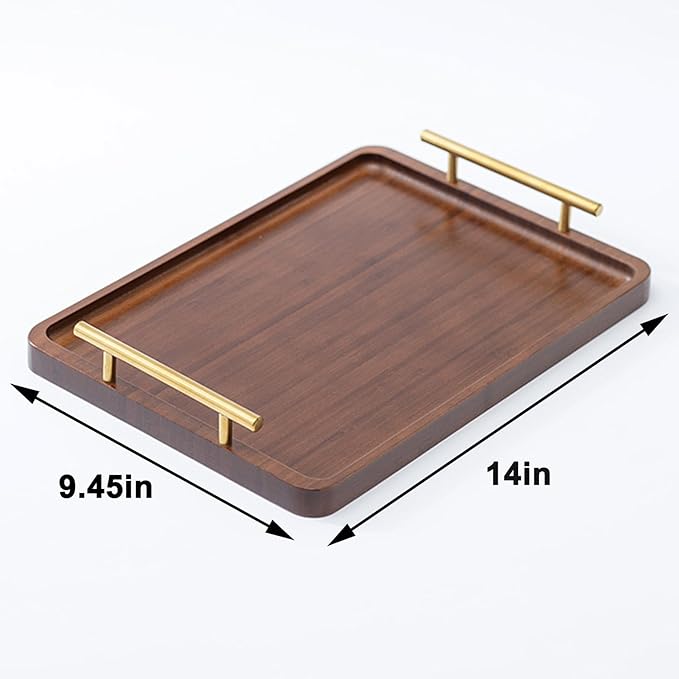 Bamboo Serving Tray with Gold Handles, Food Tray for Breakfast,Coffee Table,Dinner & Bar, Decorative Tray for Kitchen, Bedroom (Large)