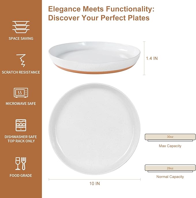 4 Piece Stoneware Plate Sets, White Ceramic Dinner Plates, 10 Inch Modern Porcelain Serving Plates, Scratch Resistant, Microwave&Dishwasher Safe,White(Brown Bottom)