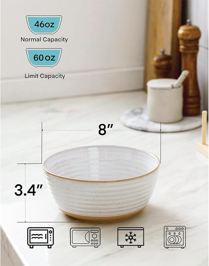 Large Serving Bowls Set of 2, 8 inch & 60 oz Salad Bowl, Bowls for Kitchen, Ceramic Bowl for Salad, Soup, Ramen, Popcorn, Chip, Farmhouse Kitchen Decorative, Vanilla White