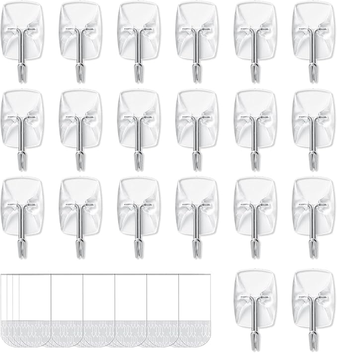 20 Small Hooks+24 Removable Strips, Clear Wire Hanger Hooks, Damage-Free Utility Hooks, Heavy Duty with Adhesive Strips, No Tools Wall Hook for Hanging, Value Pack