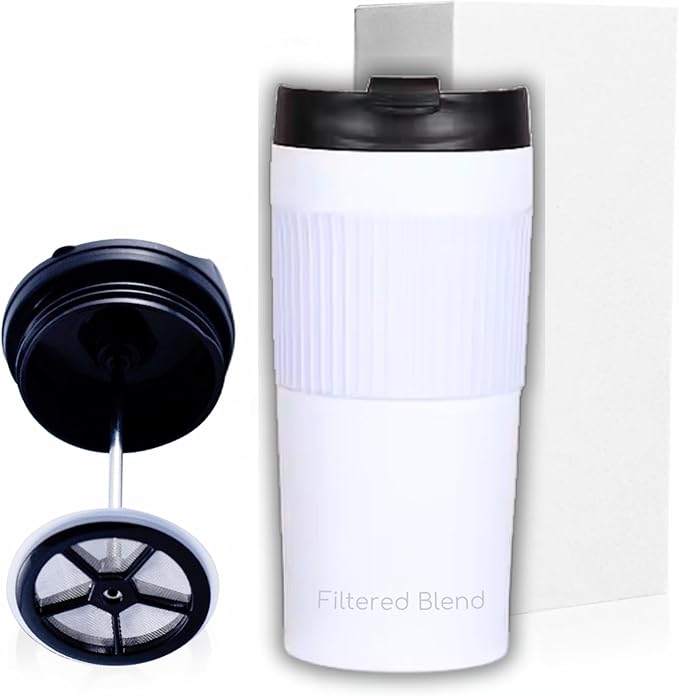 15oz Double Wall Stainless Steel Insulated French Press Coffee and Tea Maker - Portable Camping Tea, Coffee Mug and Tumbler (White)