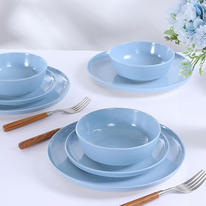 Webbylee 12-Piece Melamine Dinnerware Set - Unbreakable Plates & Bowls Set for 4, BPA-Free Lightweight Kitchen Dishes Idear for Camping, Picnic, Party,Blue & Beige
