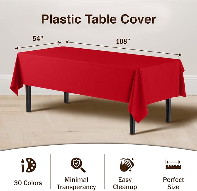 Party Solids 12-Pack Premium Plastic Tablecloth 54in. x 108in. Rectangle Table Cover - Red